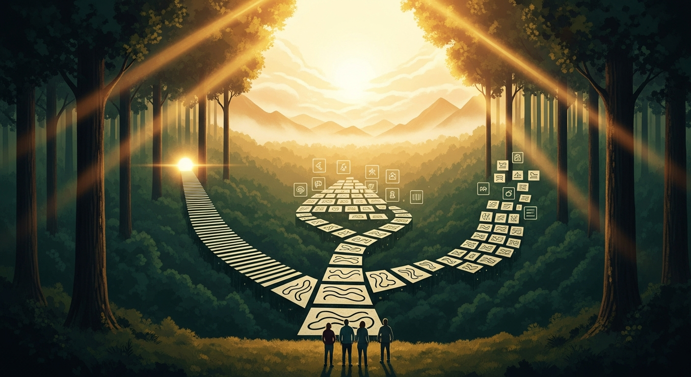 Three painted pathways branching through a golden-hour forest landscape, illustrating the choice between chronological, functional, and hybrid resume formats.