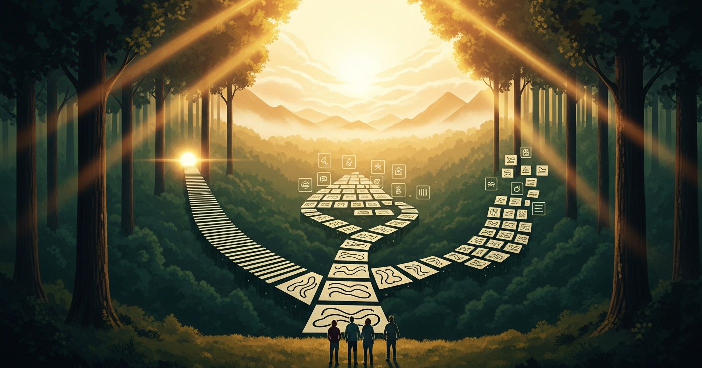 Three painted pathways branching through a golden-hour forest landscape, illustrating the choice between chronological, functional, and hybrid resume formats.