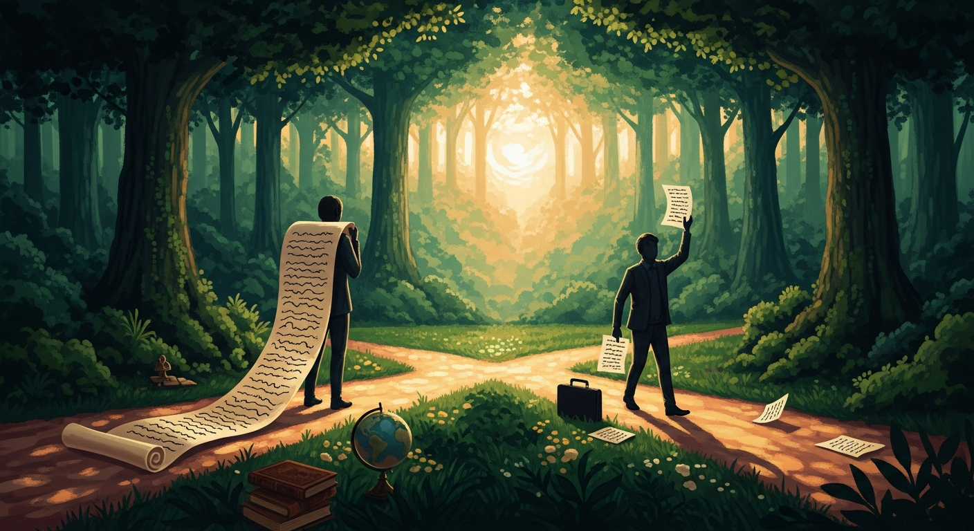 Two professionals standing at a crossroads in a forest, one holding a long CV scroll and the other a single-page resume, illustrating the key differences between a CV and resume