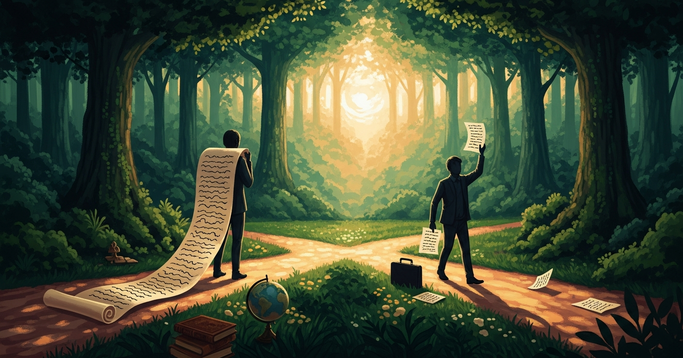 Two professionals standing at a crossroads in a forest, one holding a long CV scroll and the other a single-page resume, illustrating the key differences between a CV and resume