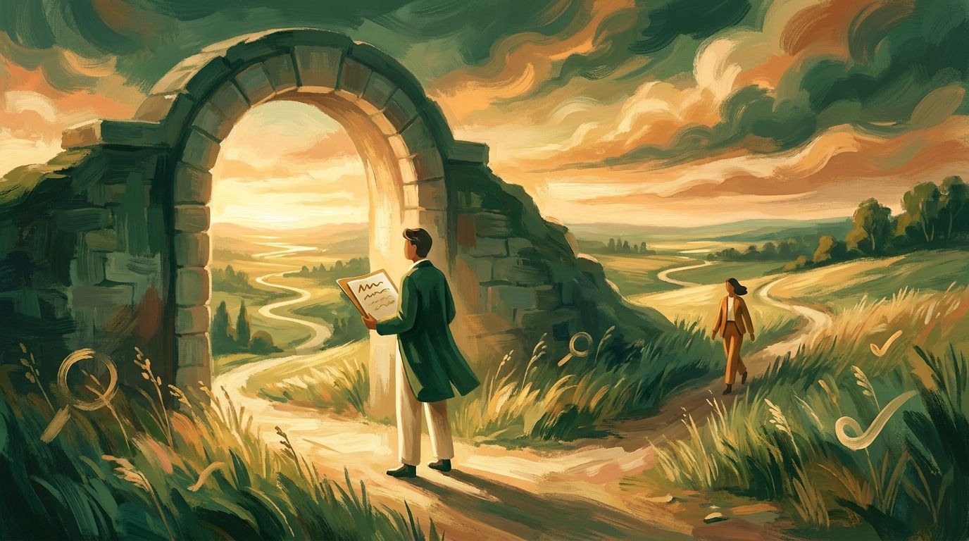 A figure stands at a golden, sunlit archway in a hillside, looking out over a sweeping green landscape while holding a folder of papers, symbolizing passing through the background check stage into a new job.