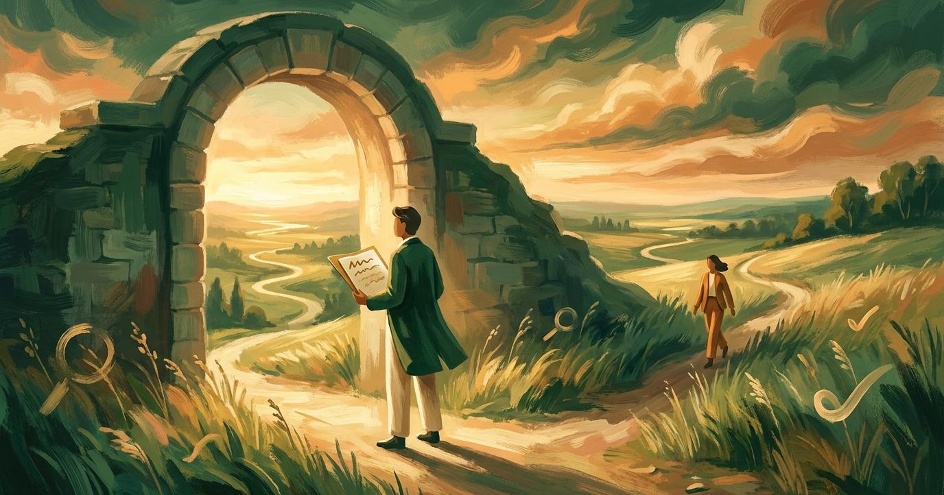 A figure stands at a golden, sunlit archway in a hillside, looking out over a sweeping green landscape while holding a folder of papers, symbolizing passing through the background check stage into a new job.