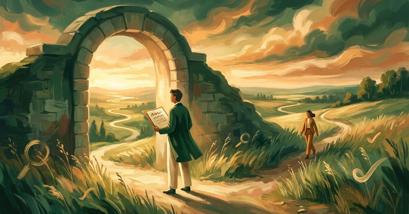 A figure stands at a golden, sunlit archway in a hillside, looking out over a sweeping green landscape while holding a folder of papers, symbolizing passing through the background check stage into a new job.