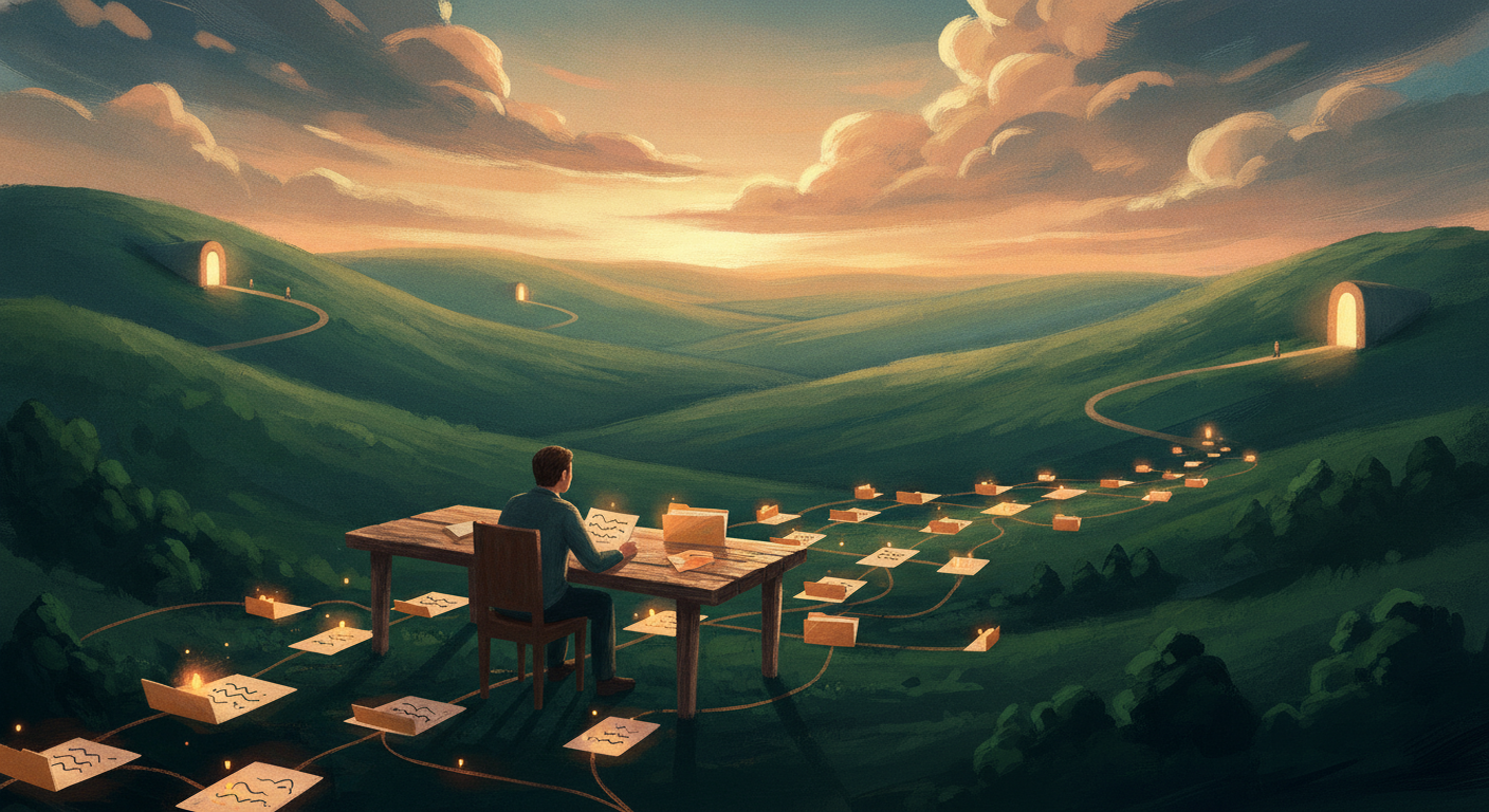 A person sits at a desk on a rolling green hillside at golden hour, with glowing paper cards laid out in a winding trail leading toward lit doorways in the distance hills, symbolizing an organized job search.