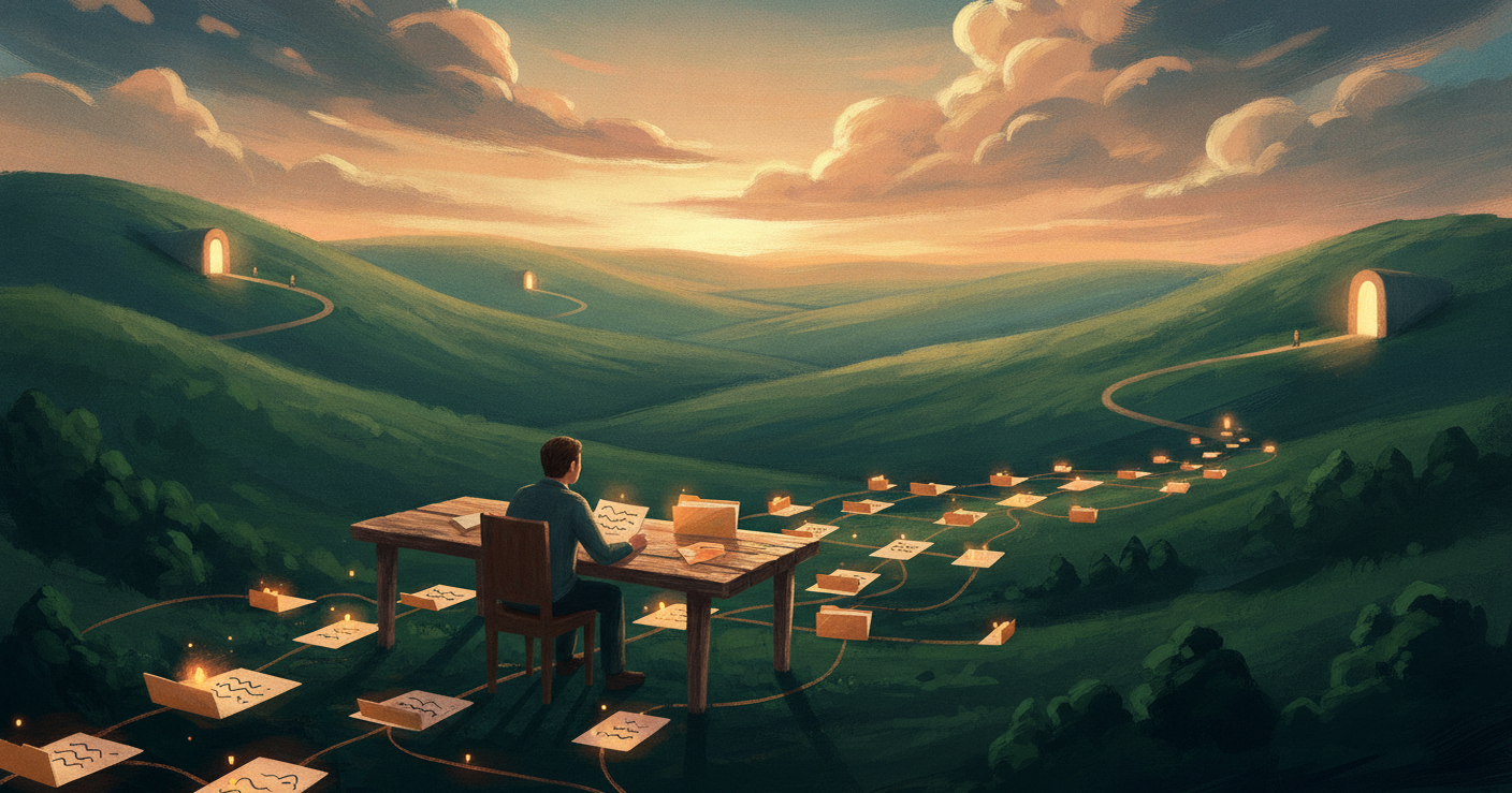 A person sits at a desk on a rolling green hillside at golden hour, with glowing paper cards laid out in a winding trail leading toward lit doorways in the distance hills, symbolizing an organized job search.