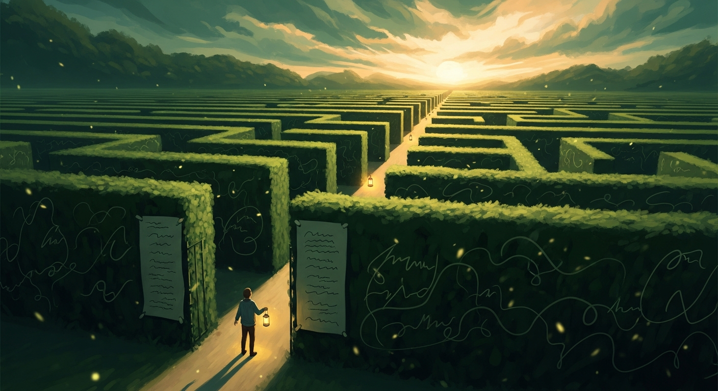 A traveler with a lantern enters a vast green hedge maze at golden hour, choosing the single lit path forward, a metaphor for finding the right resume keywords to get past the ATS.