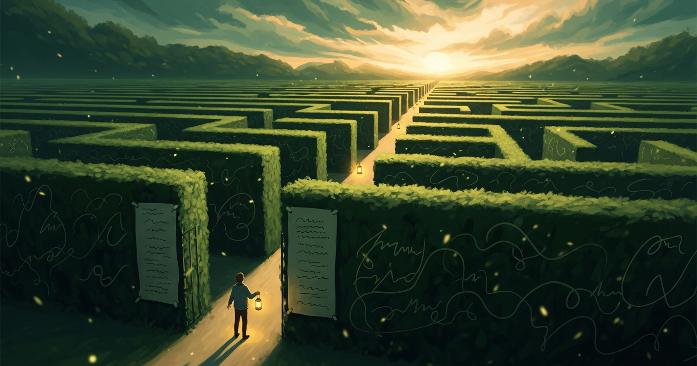 A traveler with a lantern enters a vast green hedge maze at golden hour, choosing the single lit path forward, a metaphor for finding the right resume keywords to get past the ATS.