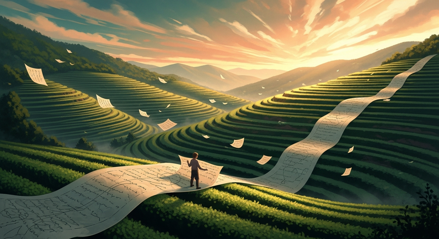 Editorial illustration of a figure smoothing an enormous sheet of paper across golden terraced hillsides, symbolizing clean, well organized resume formatting