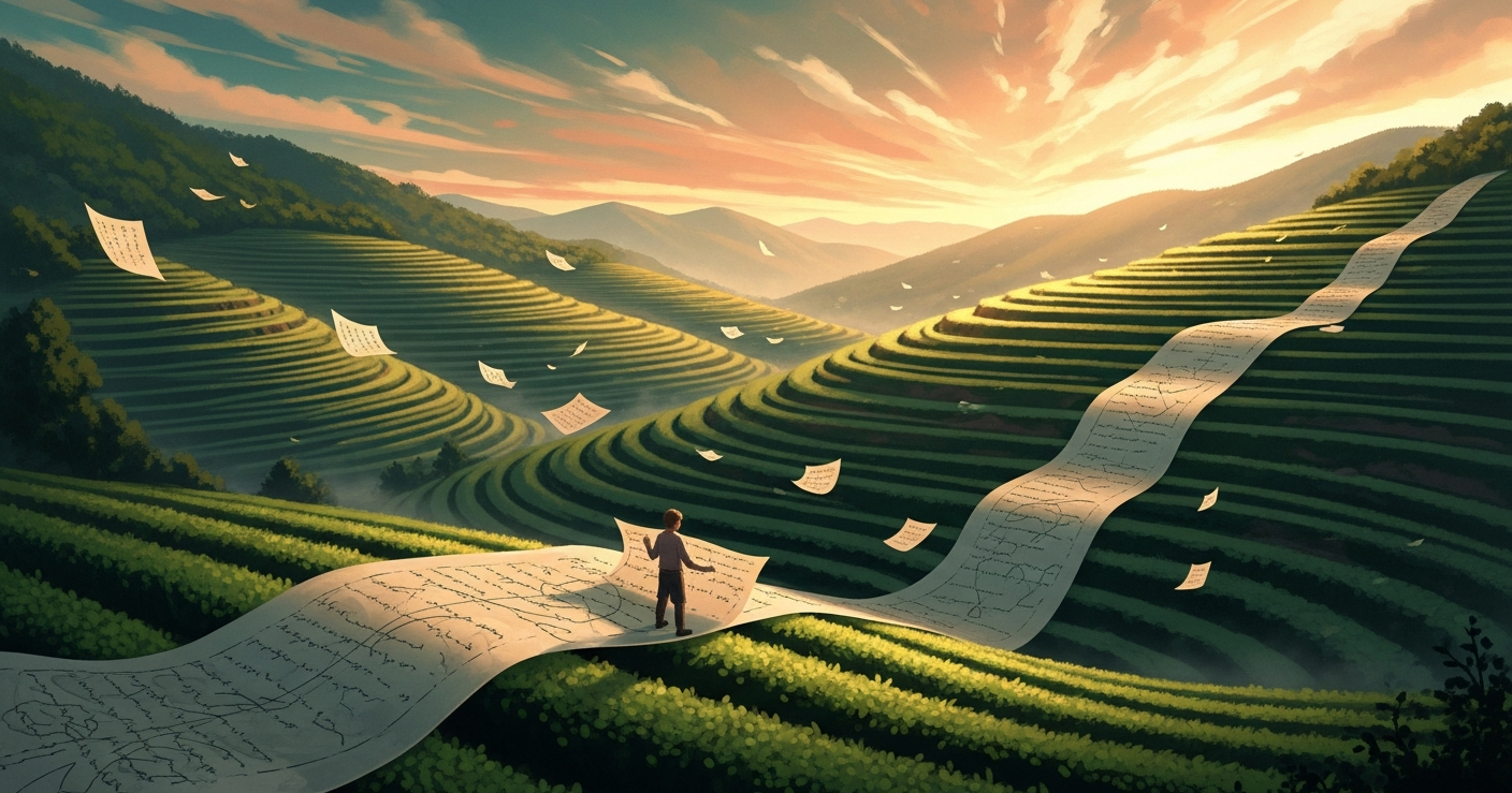 Editorial illustration of a figure smoothing an enormous sheet of paper across golden terraced hillsides, symbolizing clean, well organized resume formatting
