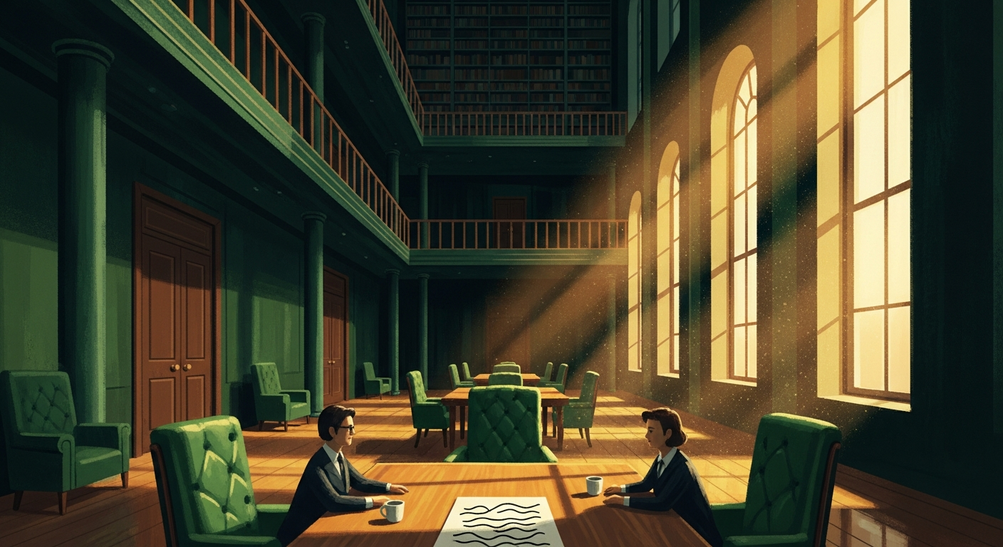 Painterly editorial illustration of two professionals having a calm, balanced conversation across a polished table inside a sunlit grand library, symbolizing a confident, well-prepared raise discussion.