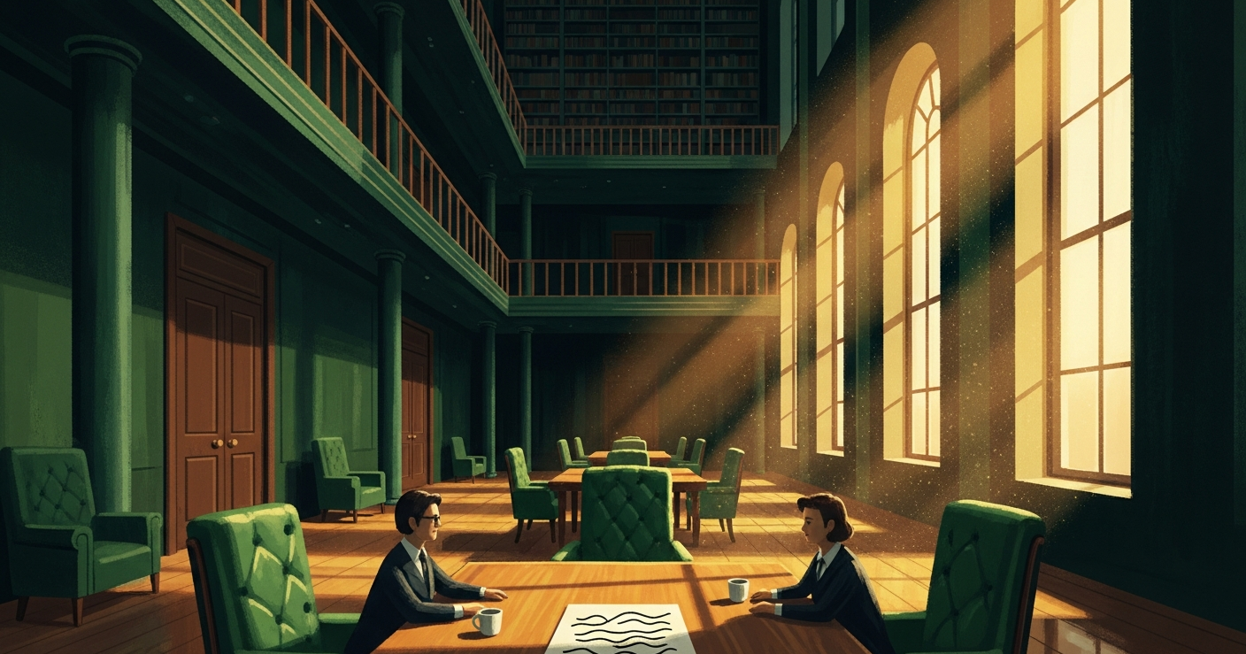 Painterly editorial illustration of two professionals having a calm, balanced conversation across a polished table inside a sunlit grand library, symbolizing a confident, well-prepared raise discussion.