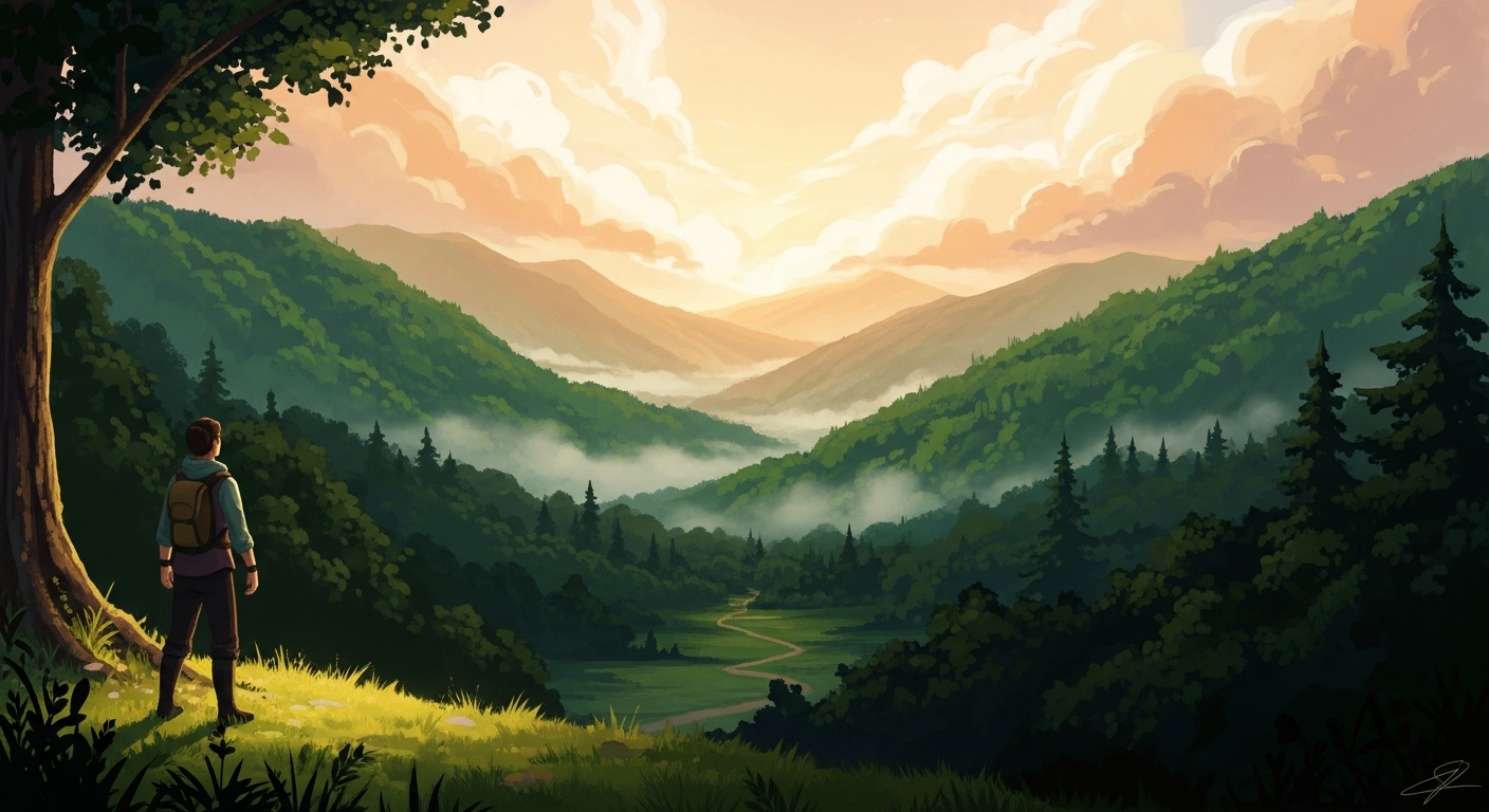 A solitary figure stands at the edge of a vast golden-lit forest clearing, pausing to reflect before moving forward along a winding path through emerald hills, a visual metaphor for the pause and reset needed after a layoff.