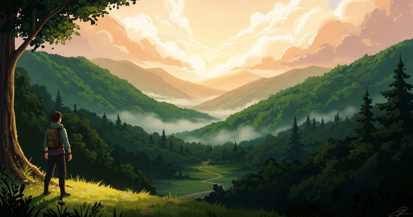 A solitary figure stands at the edge of a vast golden-lit forest clearing, pausing to reflect before moving forward along a winding path through emerald hills, a visual metaphor for the pause and reset needed after a layoff.