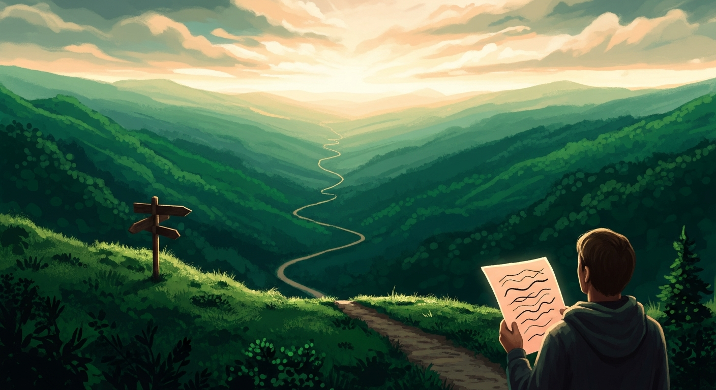 A lone figure on a green ridge at golden hour holding a resume, looking toward a winding path and signpost leading into the distance, symbolizing a forward-looking career objective.