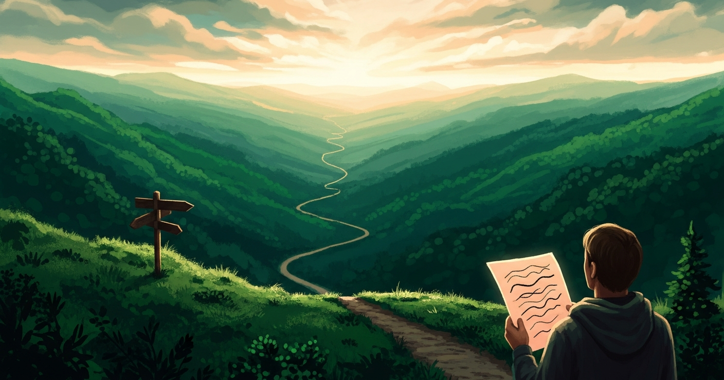 A lone figure on a green ridge at golden hour holding a resume, looking toward a winding path and signpost leading into the distance, symbolizing a forward-looking career objective.