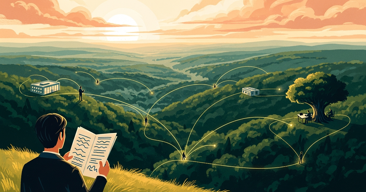 Editorial painterly illustration of distant figures connected by glowing paths across a lush emerald valley at golden hour, symbolizing a professional reference network.