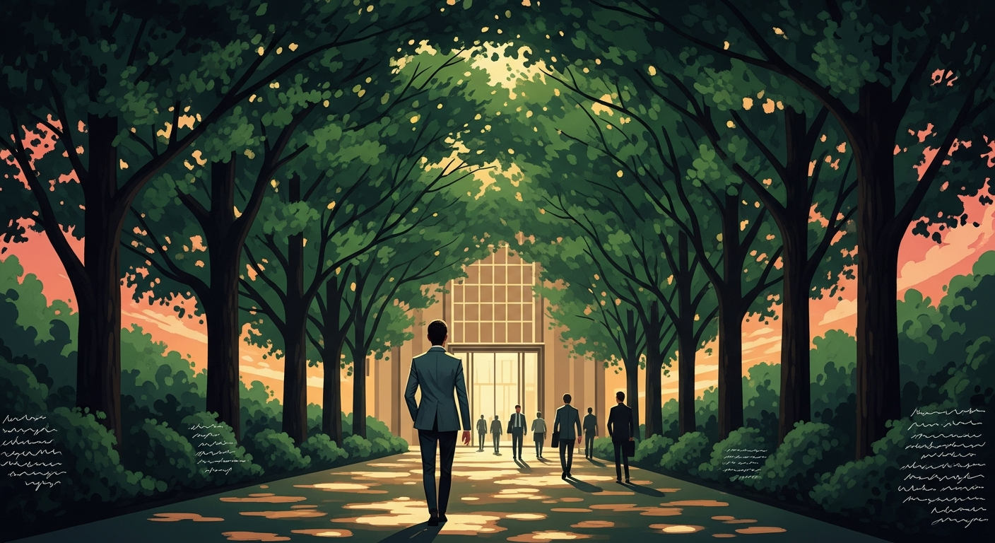 A well-dressed professional walking toward the glass doors of an office building at golden hour, illustrating what to wear to a job interview