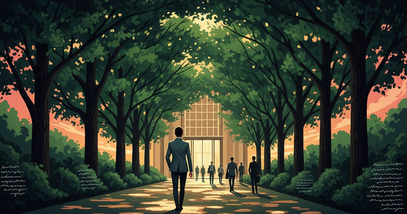 A well-dressed professional walking toward the glass doors of an office building at golden hour, illustrating what to wear to a job interview