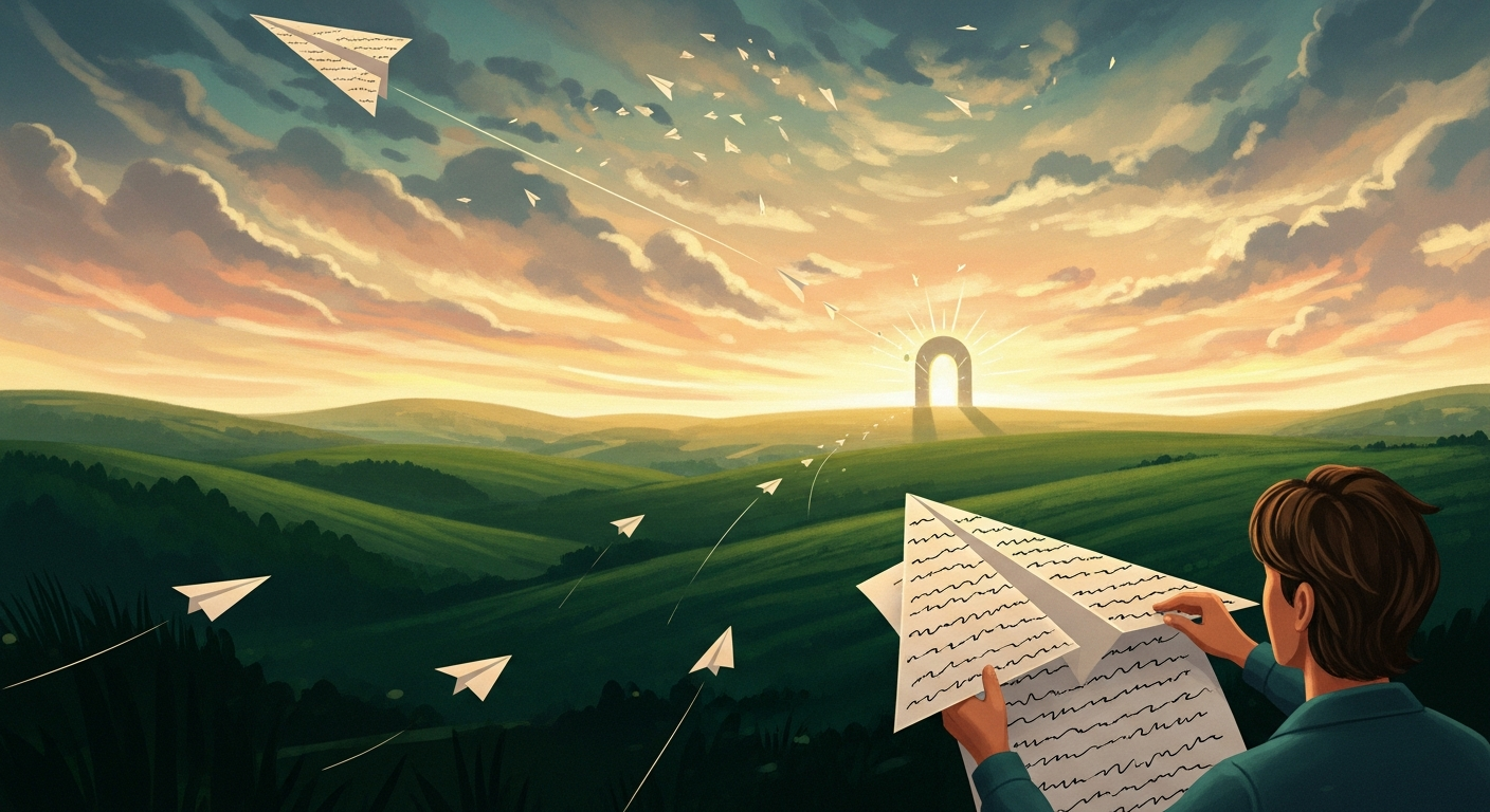 Person crafting a paper airplane from a resume on a green hillside, with optimized paper airplanes flying toward a glowing gateway on the horizon, symbolizing ATS resume optimization