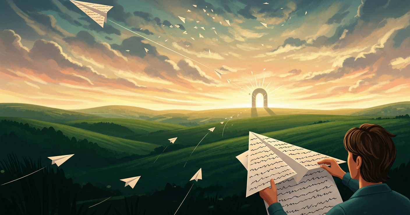 Person crafting a paper airplane from a resume on a green hillside, with optimized paper airplanes flying toward a glowing gateway on the horizon, symbolizing ATS resume optimization