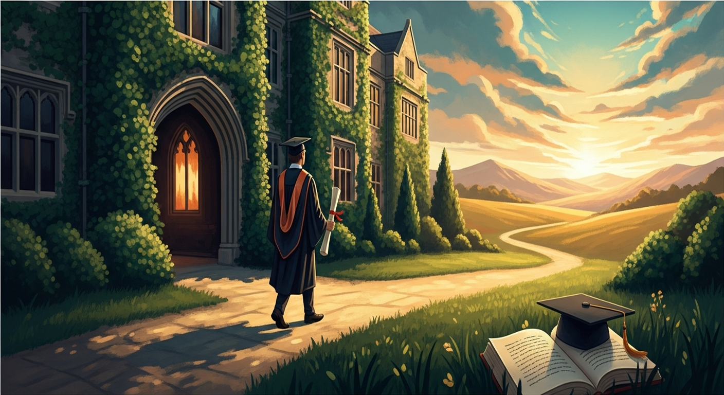 A graduate in cap and gown walks away from an ivy covered university building down a golden sunlit path toward rolling hills, symbolizing the transition from education to career.