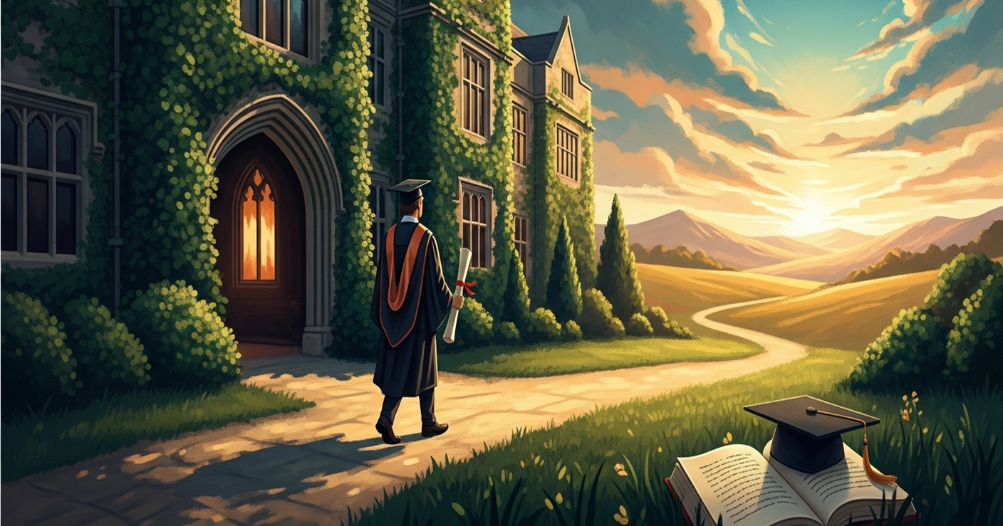 A graduate in cap and gown walks away from an ivy covered university building down a golden sunlit path toward rolling hills, symbolizing the transition from education to career.