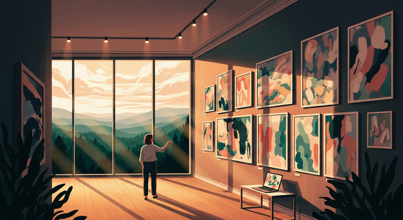 Illustration of a person presenting their portfolio of creative work on a gallery wall, overlooking a scenic golden-hour landscape through large windows