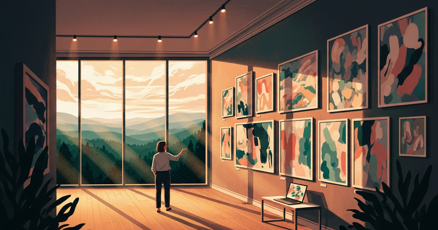 Illustration of a person presenting their portfolio of creative work on a gallery wall, overlooking a scenic golden-hour landscape through large windows