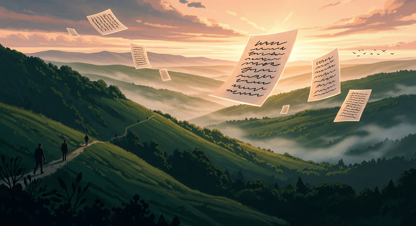 Painterly editorial landscape illustration of a misty valley at golden hour with floating paper cards covered in unreadable script, evoking writing a LinkedIn About section