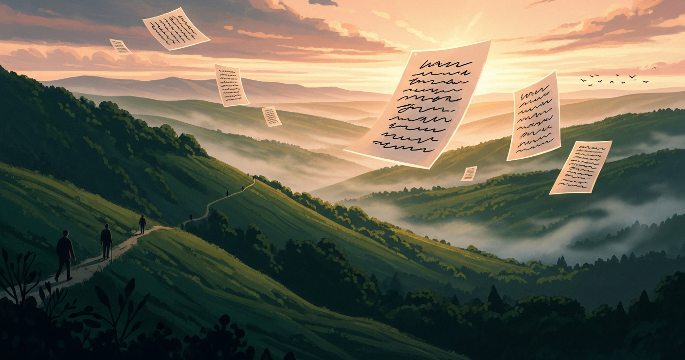 Painterly editorial landscape illustration of a misty valley at golden hour with floating paper cards covered in unreadable script, evoking writing a LinkedIn About section