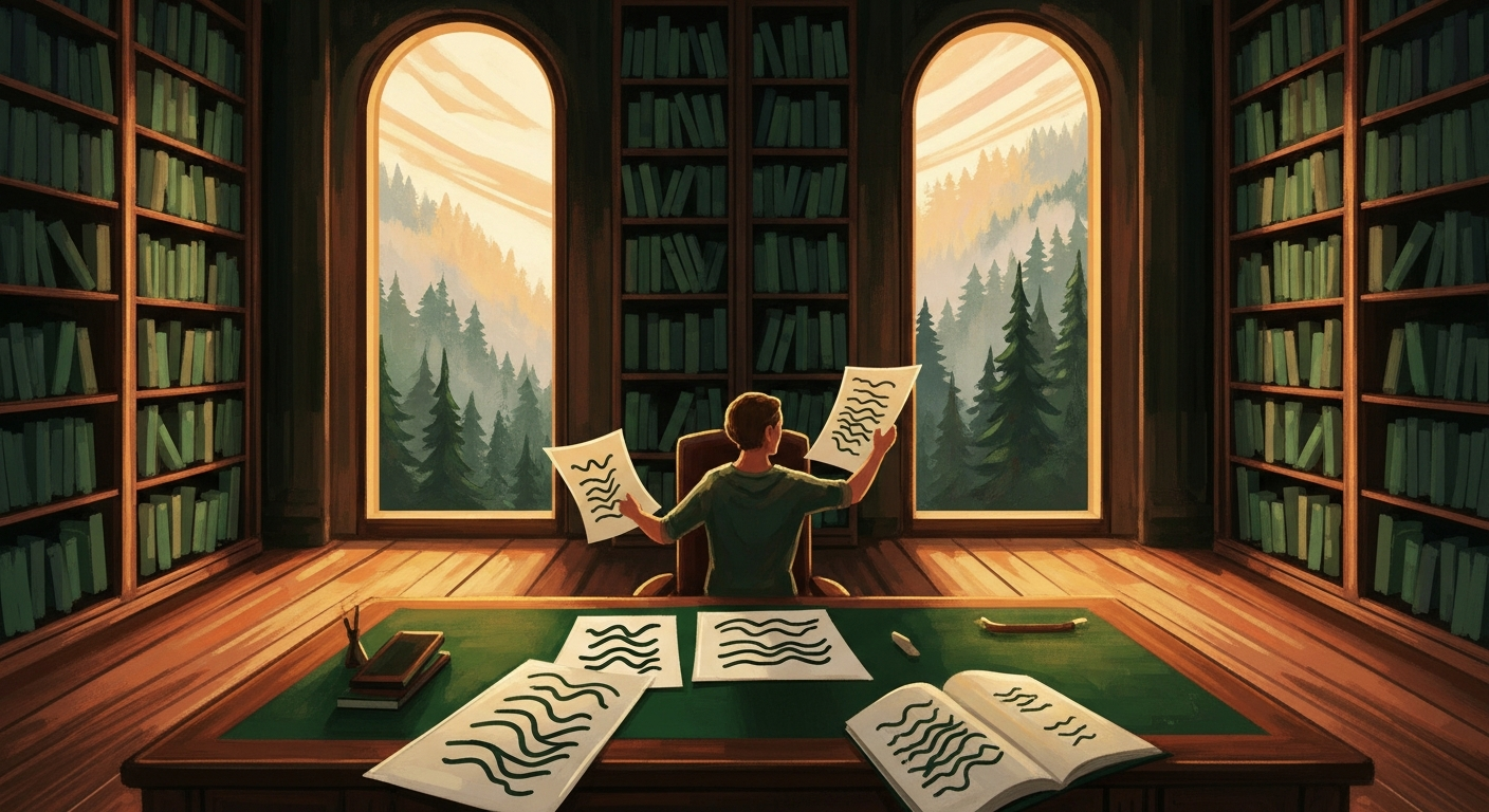 Editorial illustration of a person carefully arranging resume documents at a desk in a warm, golden-lit library workspace, symbolizing the art of tailoring a resume for each job application