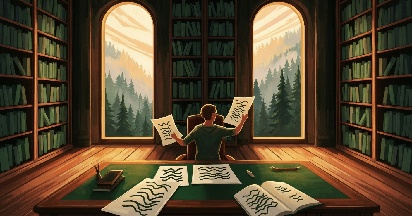 Editorial illustration of a person carefully arranging resume documents at a desk in a warm, golden-lit library workspace, symbolizing the art of tailoring a resume for each job application
