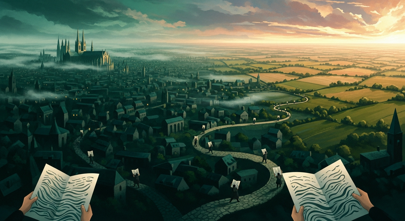 Painterly editorial illustration: a European city in cool green twilight on the left, a golden sunlit countryside on the right, and distant figures carrying blank, unreadable documents along a winding path toward the light - symbolizing hidden salary information in European job listings