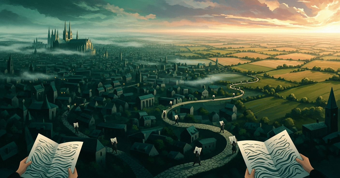 Painterly editorial illustration: a European city in cool green twilight on the left, a golden sunlit countryside on the right, and distant figures carrying blank, unreadable documents along a winding path toward the light - symbolizing hidden salary information in European job listings