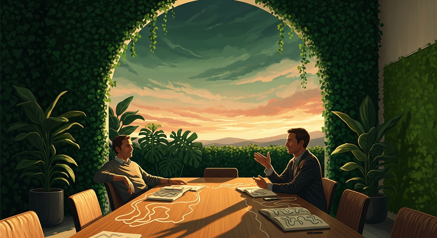 Two people in calm conversation across a long wooden table in a warmly lit meeting room, representing a behavioral job interview