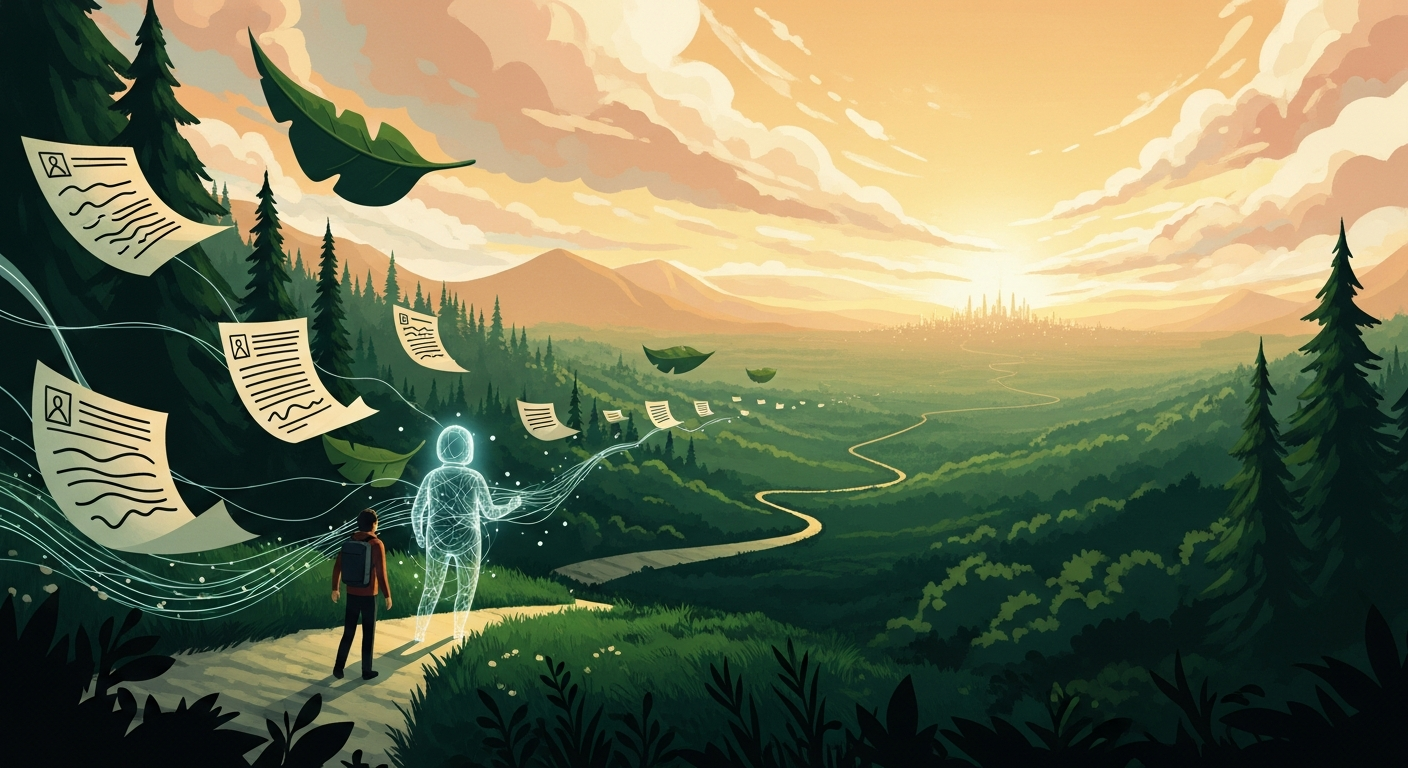 A job seeker walks toward a glowing city of opportunity at golden hour, guided by a luminous AI companion, with resume pages drifting through an emerald landscape
