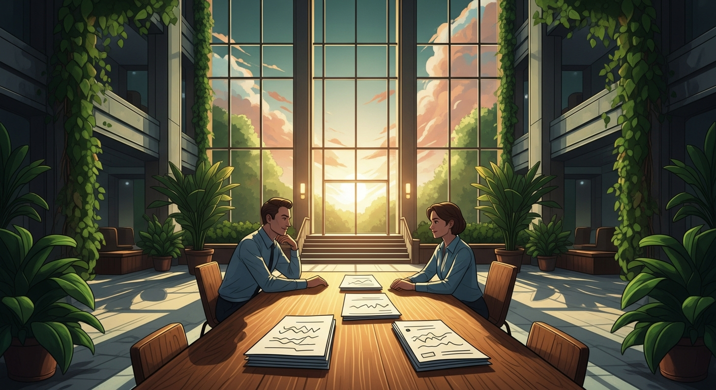 Two professionals in a sunlit modern office having a job interview conversation across a wooden table, surrounded by plants and warm golden light