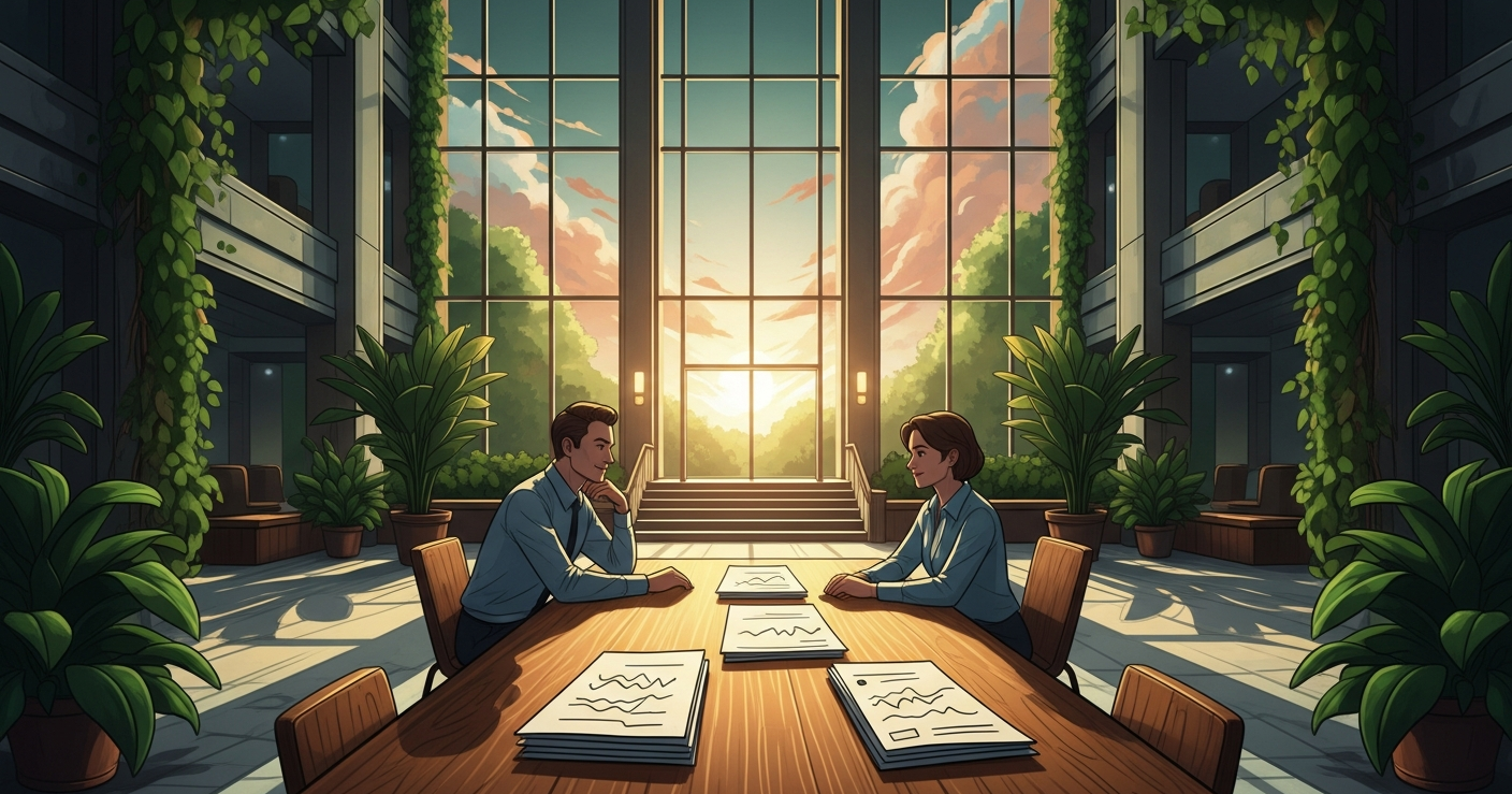 Two professionals in a sunlit modern office having a job interview conversation across a wooden table, surrounded by plants and warm golden light