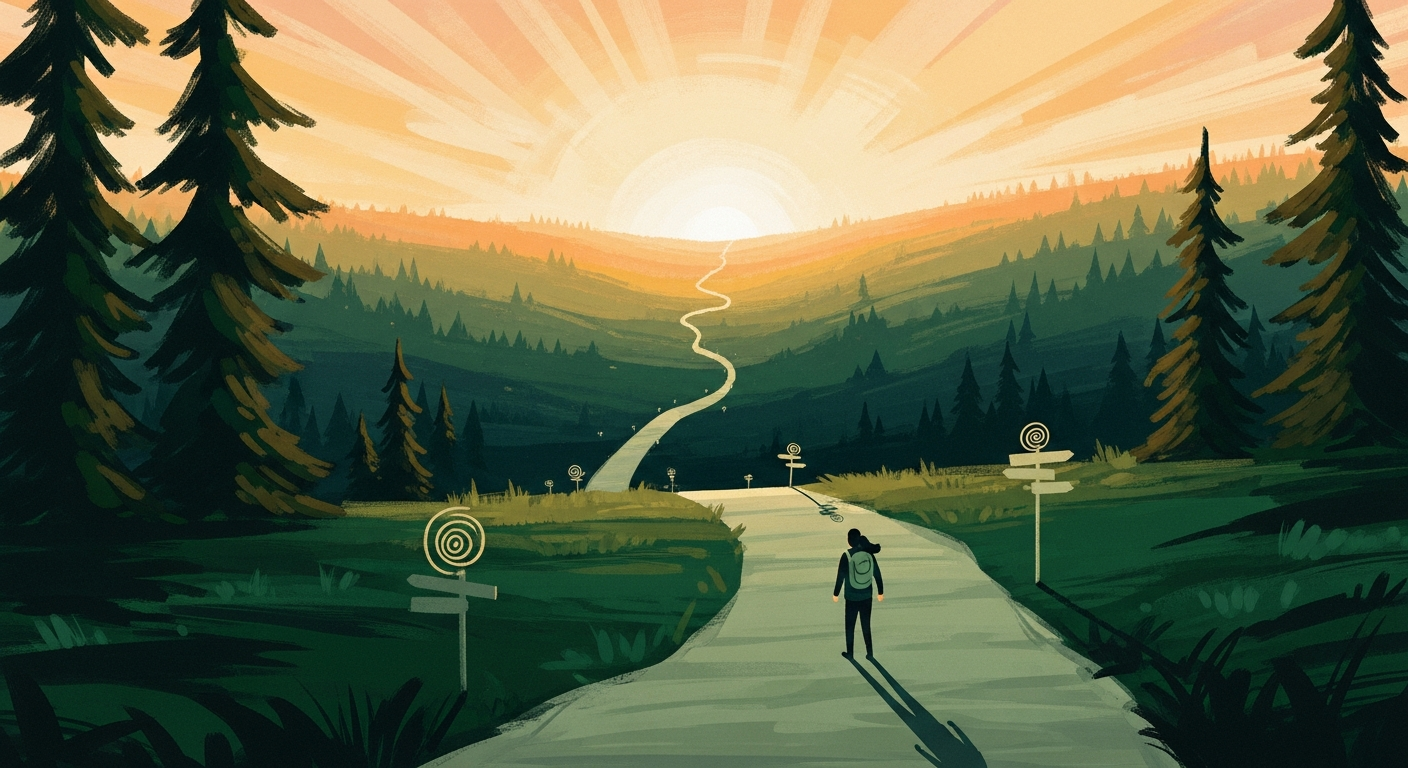 A lone traveler walking a long winding emerald path across a vast painted landscape at golden hour, evoking the long but hopeful journey of a 2026 job search.