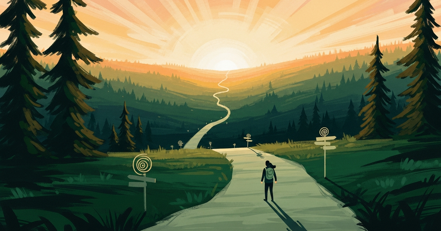 A lone traveler walking a long winding emerald path across a vast painted landscape at golden hour, evoking the long but hopeful journey of a 2026 job search.
