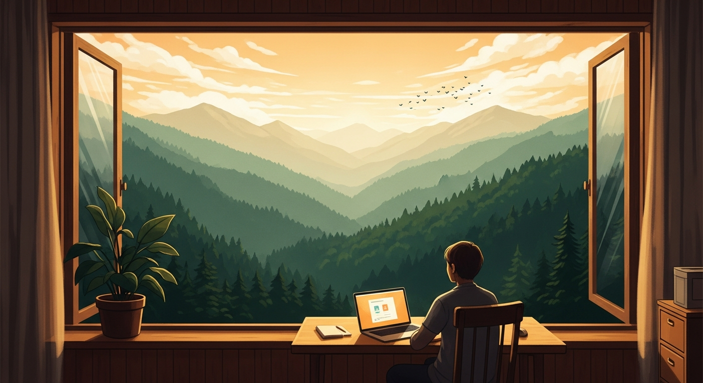 Painterly illustration of a person working remotely from a cozy home office overlooking a vast green valley at golden hour