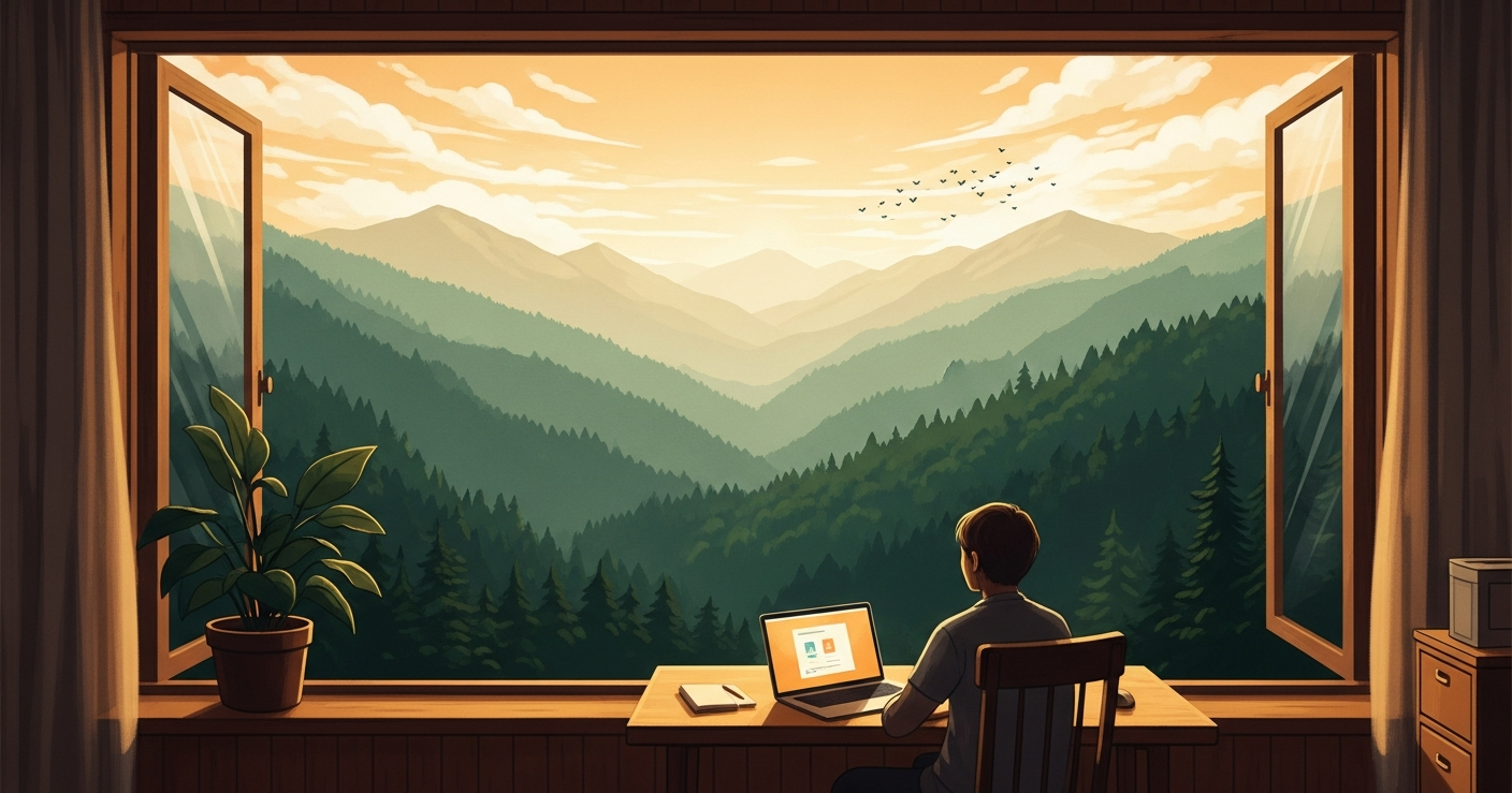 Painterly illustration of a person working remotely from a cozy home office overlooking a vast green valley at golden hour