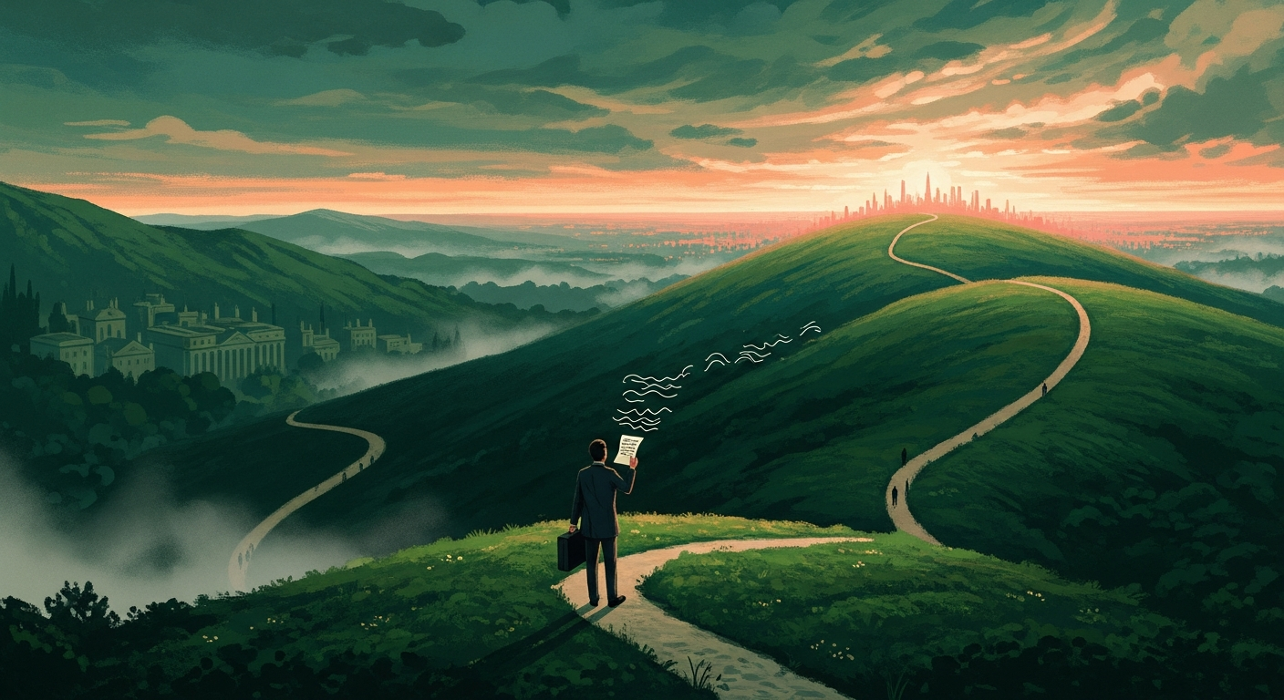 Illustration of a traveler at a hilltop crossroads at golden hour, choosing a new path toward a distant city, symbolizing a career change