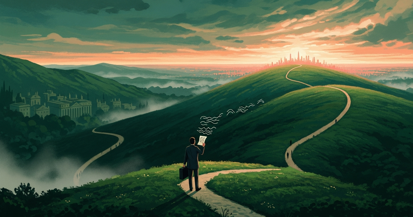 Illustration of a traveler at a hilltop crossroads at golden hour, choosing a new path toward a distant city, symbolizing a career change