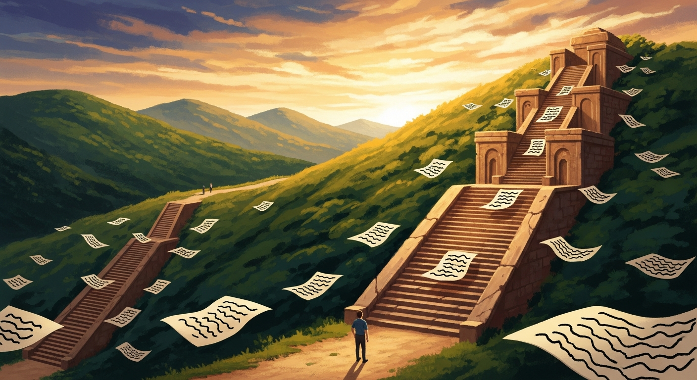 A figure at the base of two staircases into a green hillside at sunset, one compact and one taller, illustrating the choice between a one-page and two-page resume