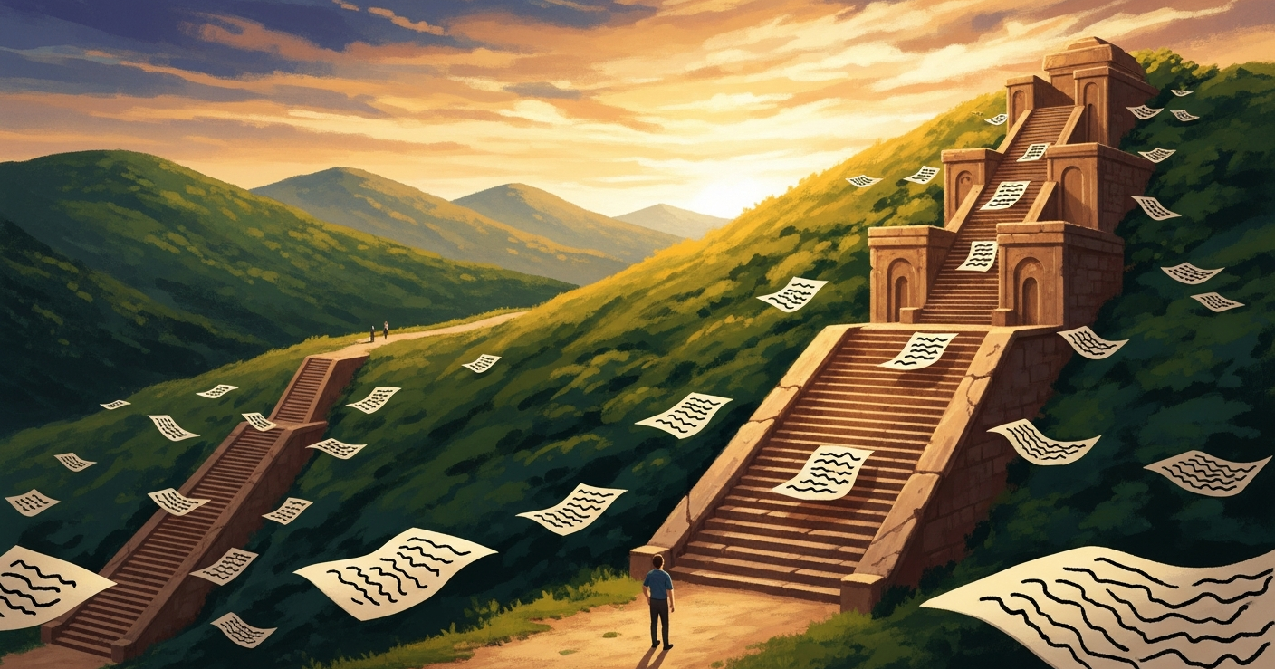 A figure at the base of two staircases into a green hillside at sunset, one compact and one taller, illustrating the choice between a one-page and two-page resume