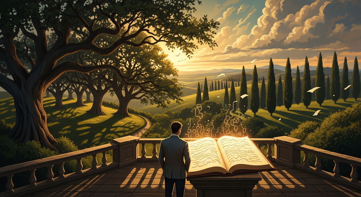 Painterly illustration of a person examining a glowing ledger on a stone terrace surrounded by rolling green hills at golden hour, representing a well-crafted work experience section on a resume