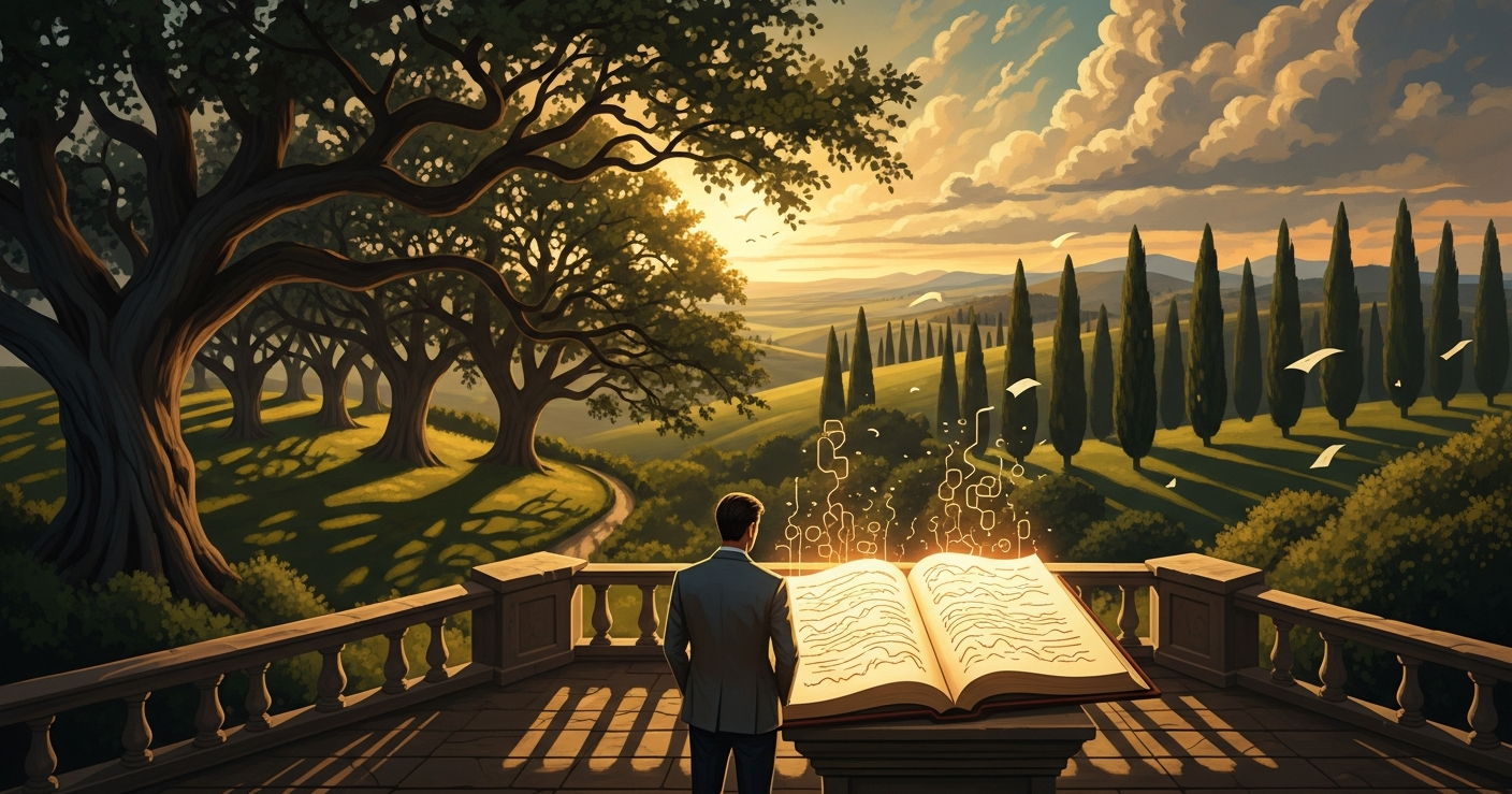 Painterly illustration of a person examining a glowing ledger on a stone terrace surrounded by rolling green hills at golden hour, representing a well-crafted work experience section on a resume