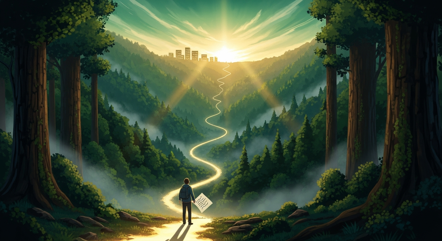 A lone figure stands at the start of a winding glowing path through a lush green valley, golden sunlight breaking over a distant town on the horizon, symbolizing the start of a job search journey.