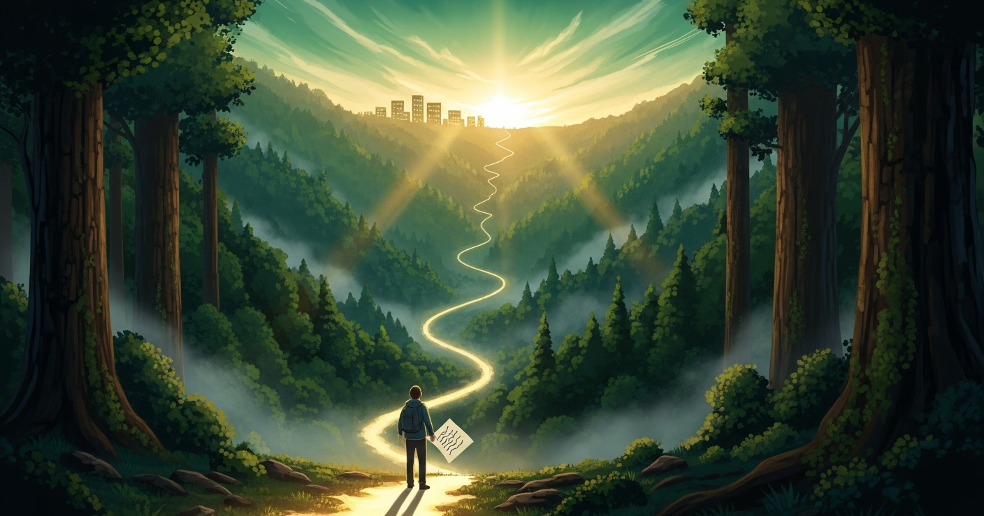 A lone figure stands at the start of a winding glowing path through a lush green valley, golden sunlight breaking over a distant town on the horizon, symbolizing the start of a job search journey.